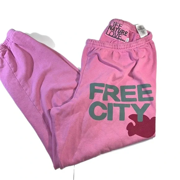 EUC FREECITY Life Nature Love Pink Love Dove French Terry 💯 Cotton Sweatpants L
